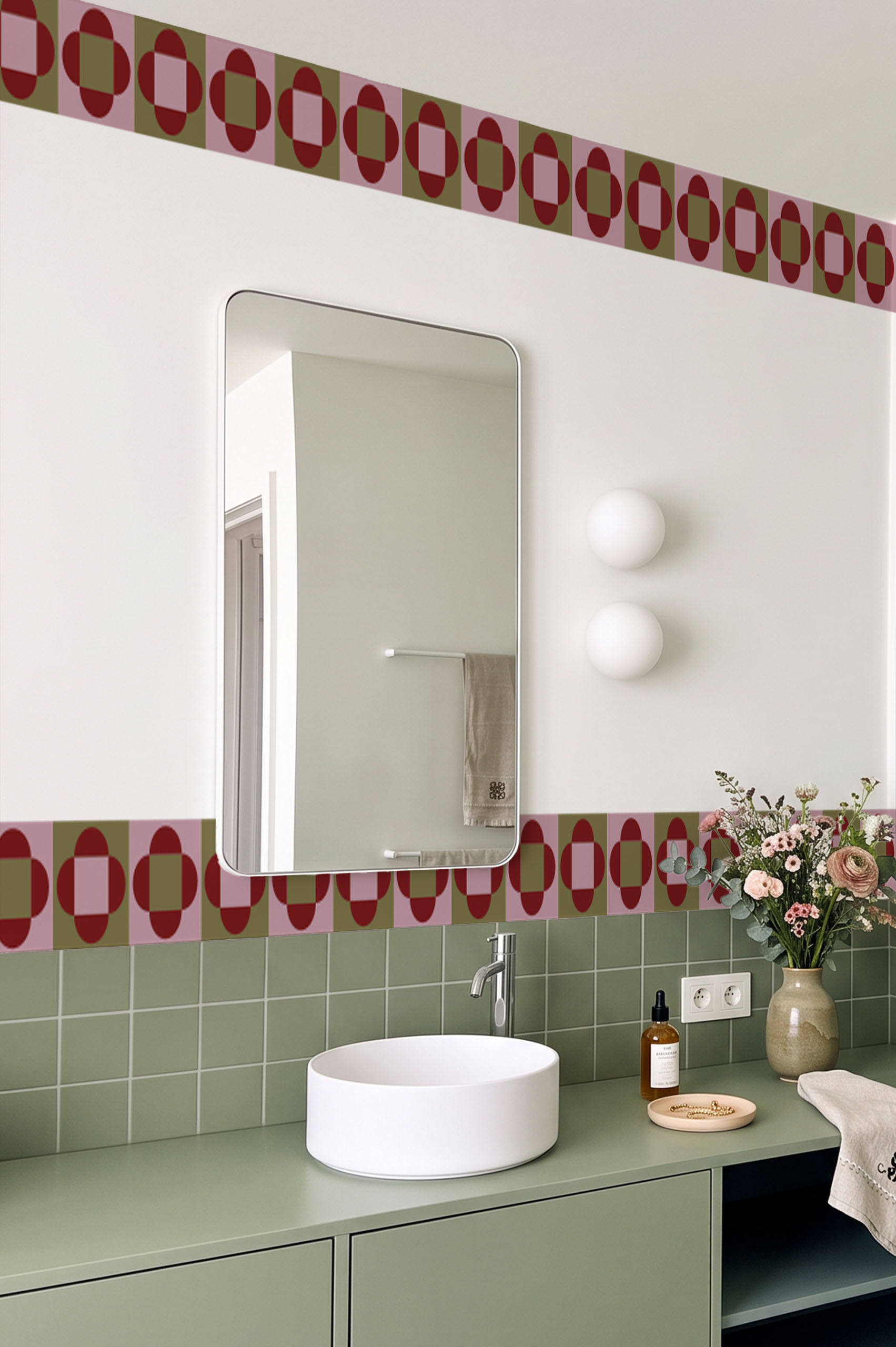 fleur retro salle de bain vert bordeaux